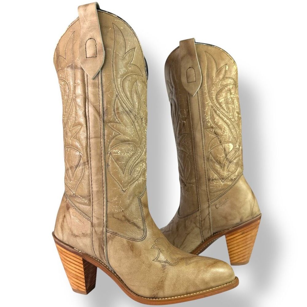 Capezio Vintage Western Cowgirl Boots L-348 Tan Distressed Leather USA 7.5